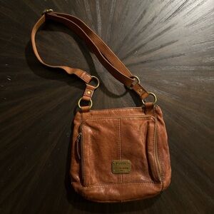 Fossil Cognac Leather Crossbody Bag with Brass Hardware
